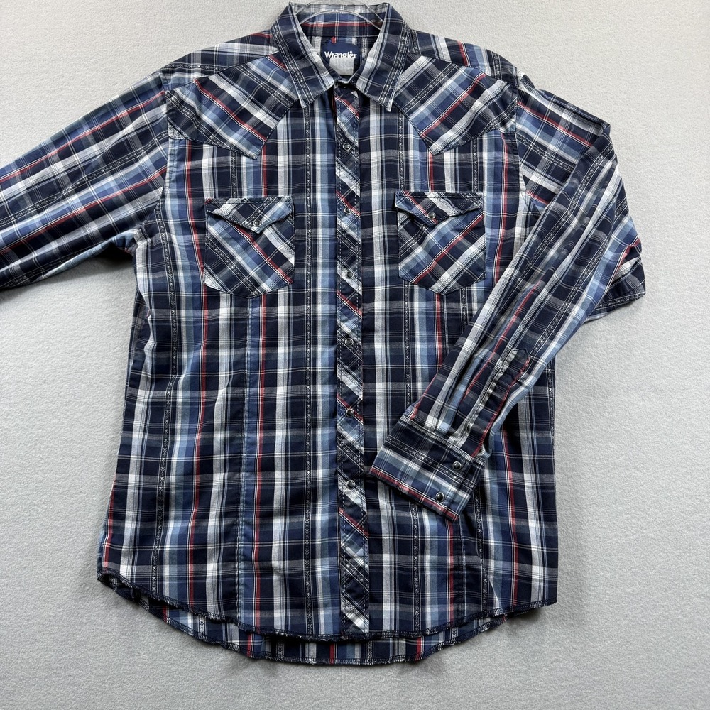 Wrangler‎ Shirt Mens Medium Blue Plaid Long Sleeve Western Snap Pockets Casual